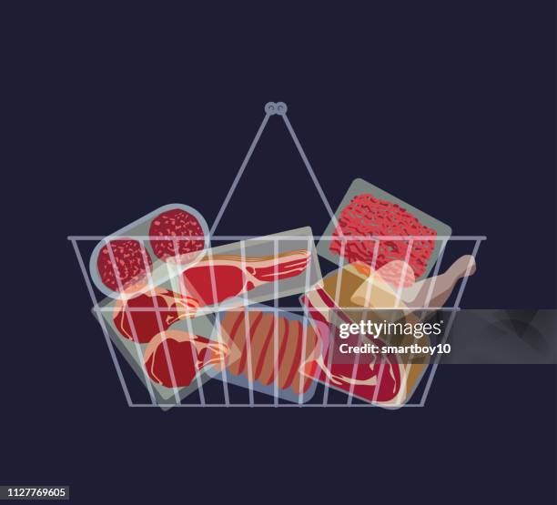 shopping basket with various meat products - groceries stock illustrations