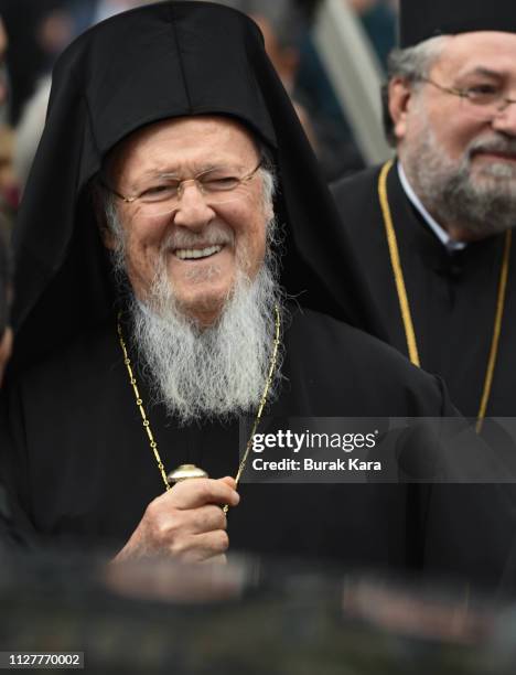 Ecumenical Patriarch Bartholomew I smiles at Halki Greek Orthodox Seminary on Heybeliada Island on February 06, 2019 in Istanbul, Turkey. Tsipras is...