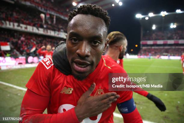 Paul-Jose Mpoku of Standard celebrates after scoring a goal during the Jupiler Pro League match between Royal Standard de Liege and RSC Anderlecht at...