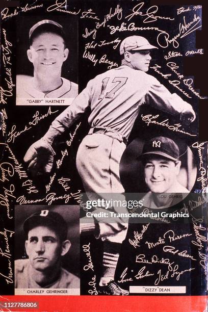 The cover of Speed Johnson's 'Who's Who in Baseball' features photos of four players and a number of autographs, 1936. Pictured are Gabby Hartnett,...