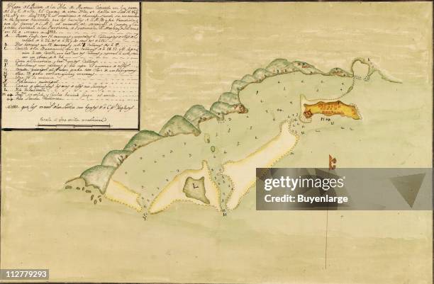 Map of the Battle of Roatan Island, an engagement in the Americna War of Independence faught between British and Spanish troops, March 16, 1782.