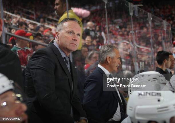 Assistant coach Dave Lowry of the Los Angeles Kings works the bench against the New Jersey Devils at the Prudential Center on February 05, 2019 in...