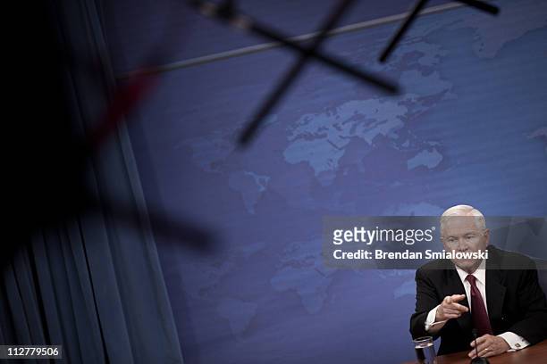 Secretary of Defense Robert M. Gates takes questions during a briefing at the Pentagon April 21, 2011 in Arlington, Virginia. Secretary of Defense...
