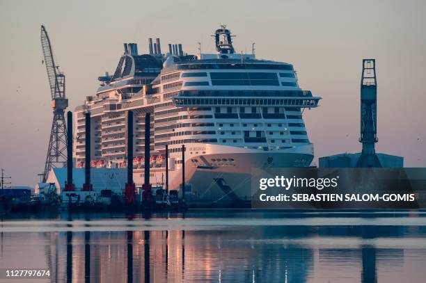 Picture taken on February 27, 2019 shows the MSC Bellissima cruise ship at "Chantiers de l'Atlantique" shipyard of Saint-Nazaire. - The liner "MSC...