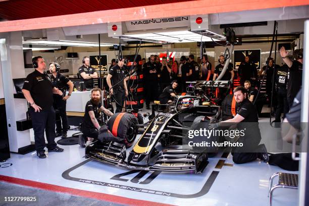 Romain Grosjean from France with 08 Rich Energy Haas F1 Team in action at the box during the Formula 1 2019 Pre-Season Tests at Circuit de Barcelona...