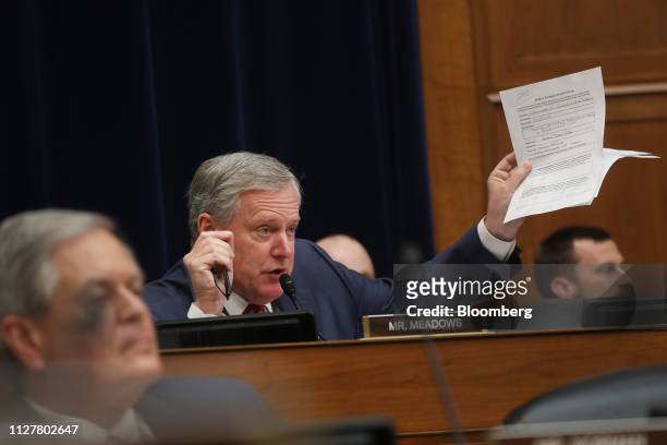Representative Mark Meadows, a Republican from North Carolina, speaks during a House Oversight Committee hearing with Michael Cohen, former personal...