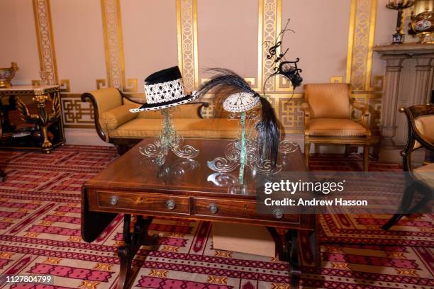 General view of hats on display in the exhibition of the work of milliner Stephen Jones, 'Stephen Jones Hats' at The Royal Pavilion on February 6,...