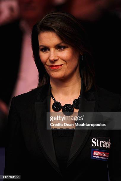 Referee, Michaela Tabb watches Judd Trump of England in the round two game against Martin Gould of England on day six of the Betfred.com World...