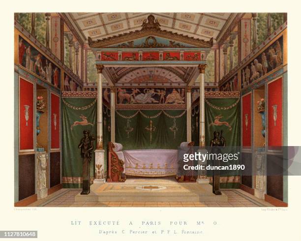 ornate neo classical bedroom, french, early 19th century - four poster bed stock illustrations
