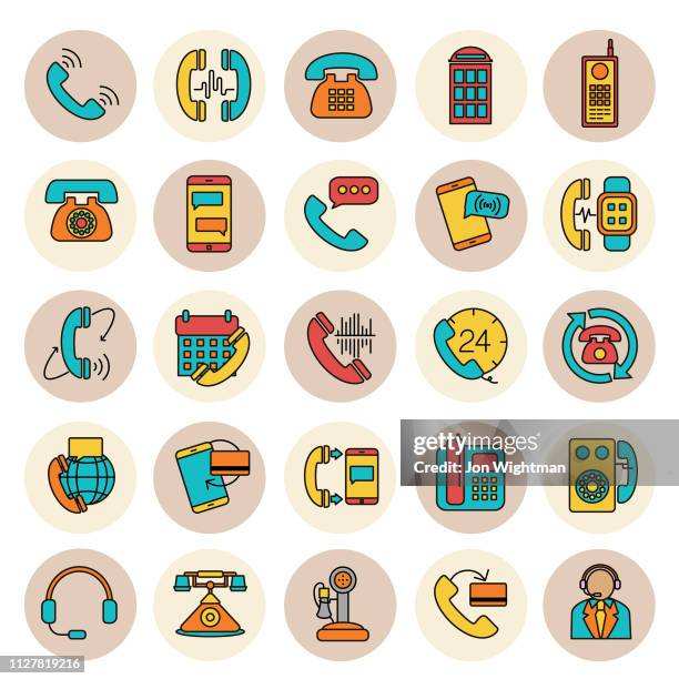 ilustraciones, imágenes clip art, dibujos animados e iconos de stock de conjunto de iconos de teléfono de línea delgada - teléfono antiguo