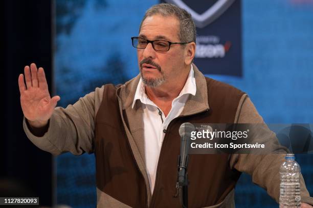 New York Giants general manager Dave Gettleman answers questions from the media during the NFL Scouting Combine on February 27, 2019 at the Indiana...