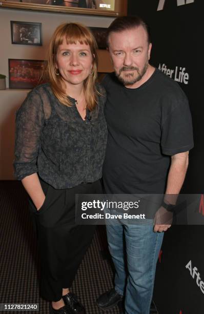 Kerry Godliman and Ricky Gervais attend a special screening and Q&A for new Netflix series "After Life" at BAFTA on February 27, 2019 in London,...