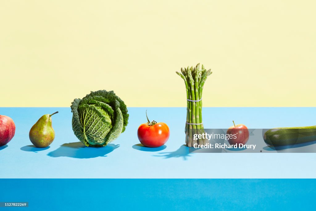 A row of different fruit and vegetables