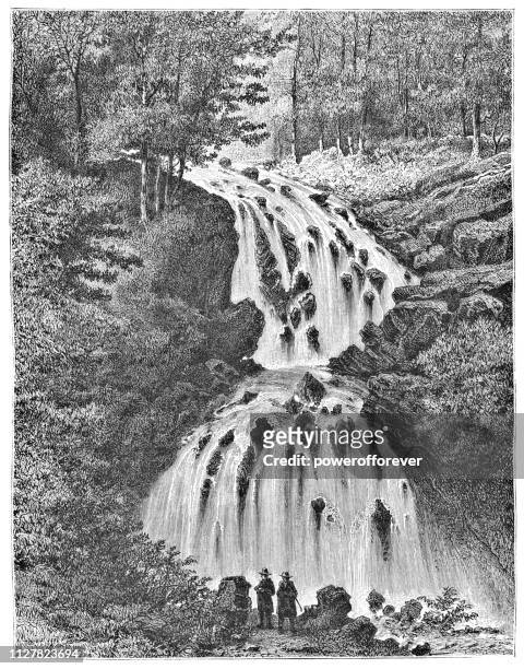 ilustraciones, imágenes clip art, dibujos animados e iconos de stock de la cascada de faymont en le val-ajol, francia - siglo xix - lorena