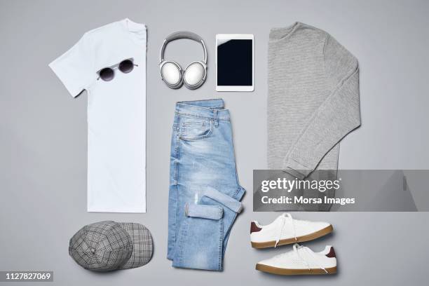 flat lay of menswear with personal accessories - メンズファッション ストックフォトと画像