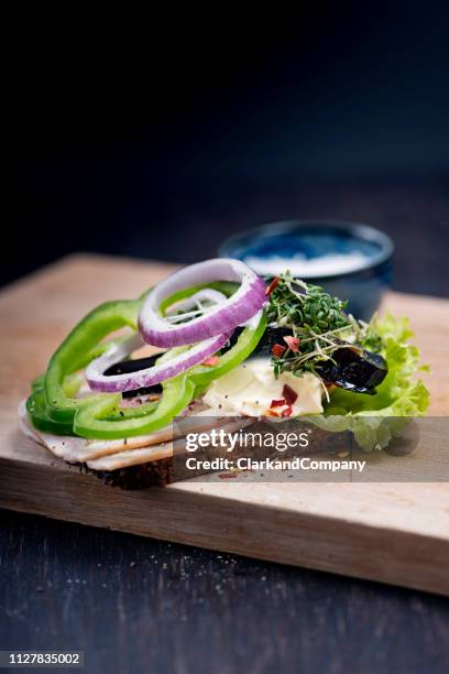 traditional danish open sandwichs or smørrebrød. - smørrebrød stock pictures, royalty-free photos & images