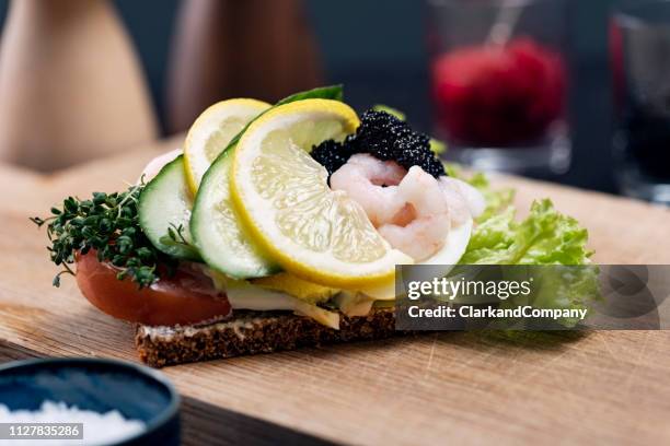 traditional danish open sandwich or smørrebrød - copenhagen food stock pictures, royalty-free photos & images