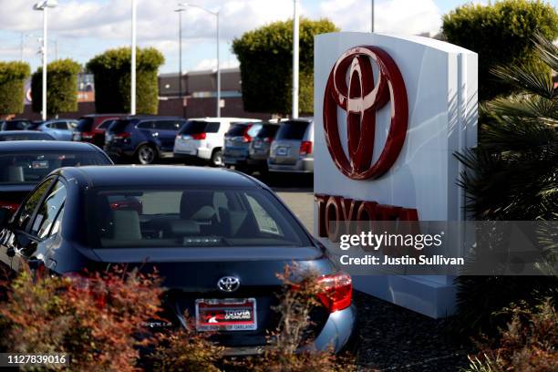 Brand new Toyota cars are displayed on the sales lot at One Toyota of Oakland on February 06, 2019 in Oakland, California. Toyota reported a $12.6...