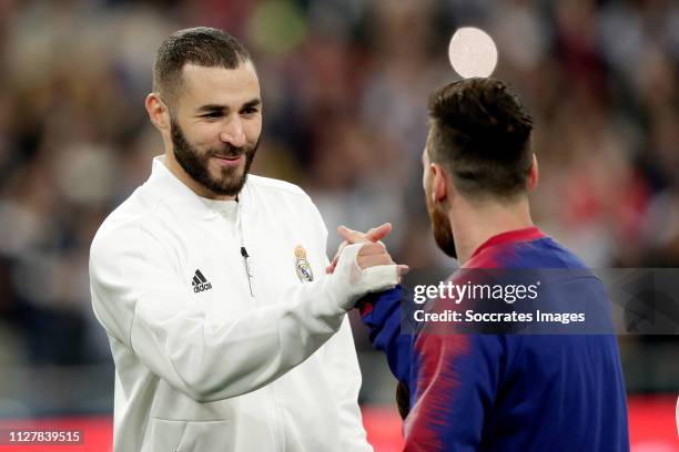 Karim Benzema of Real Madrid, Lionel Messi of FC Barcelona during the Spanish Copa del Rey match between Real Madrid v FC Barcelona at the Santiago...