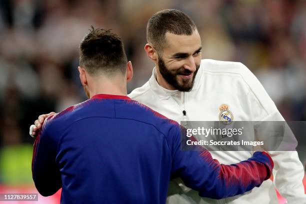Karim Benzema of Real Madrid, Lionel Messi of FC Barcelona during the Spanish Copa del Rey match between Real Madrid v FC Barcelona at the Santiago...