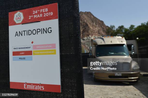 Camping car used by the organiser for doping control, located close to the finish line of the fourth stage of UAE Tour 2019 - Municipality Stage, a...