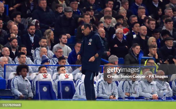Chelsea manager Maurizio Sarri on the touchline with goalkeeper Kepa Arrizabalaga on the bench during the Premier League match at Stamford Bridge,...