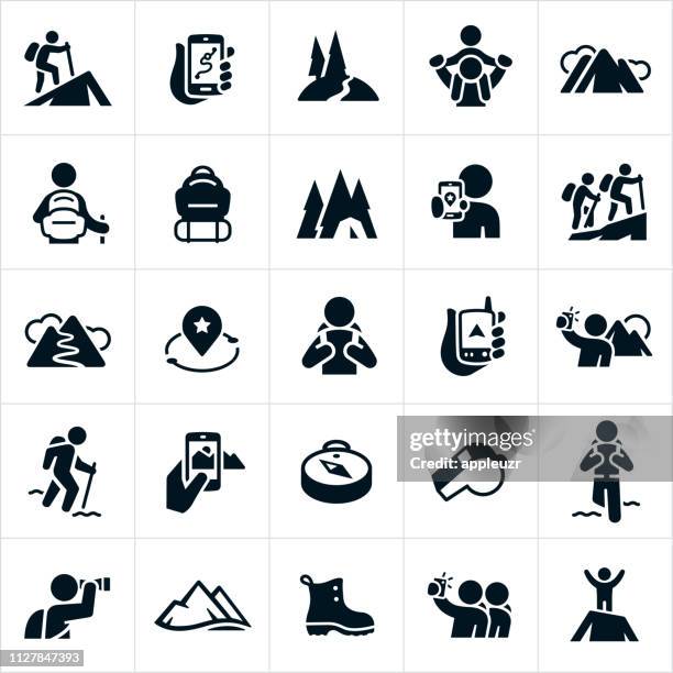 ilustrações de stock, clip art, desenhos animados e ícones de hiking icons - adventure