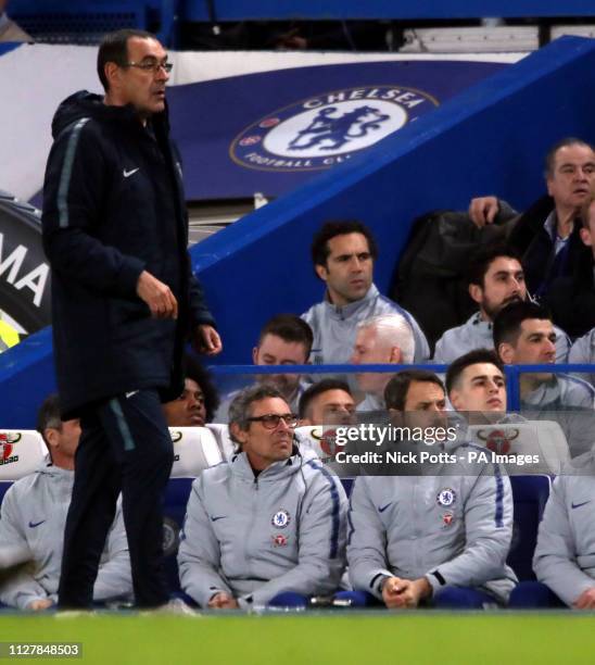 Chelsea manager Maurizio Sarri and goalkeeper Kepa Arrizabalaga on the bench during the Premier League match at Stamford Bridge, London.