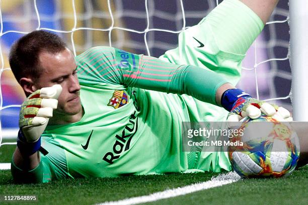 Marc-Andre Ter Stegen of FC Barcelona saves a ball in the goal line during the Copa del Semi Final match second leg between Real Madrid and Barcelona...