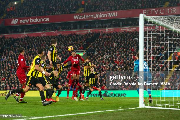 Virgil van Dijk of Liverpool scores a goal to make it 4-0 during the Premier League match between Liverpool FC and Watford FC at Anfield on February...