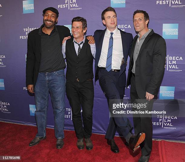 Jesse L. Martin, director/producer Adam Kassen, Chris Evans and director/producer Mark Kassen attend the premiere of "Puncture" during the 10th...