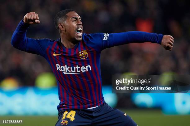 Malcom of FC Barcelona celebrates after scoring his team's first goal during the Copa del Rey Semi Final first leg match between FC Barcelona and...