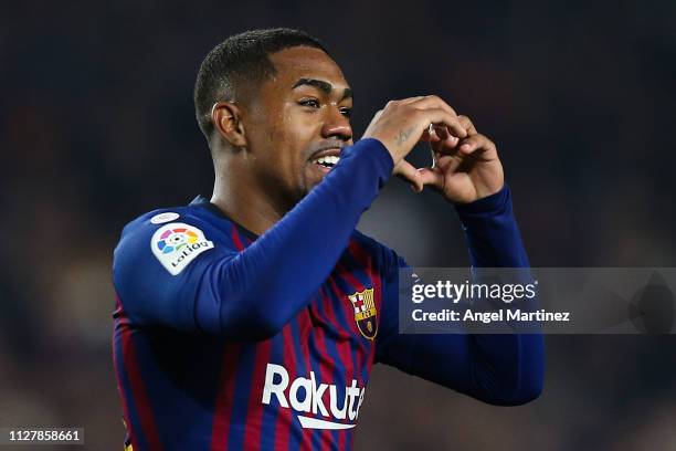Malcom of FC Barcelona celebrates after scoring his team's first goal during the Copa del Semi Final first leg match between Barcelona and Real...