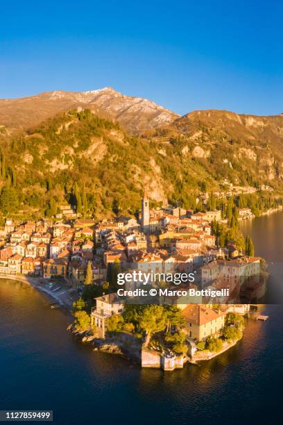 aerial view of varenna on lake como, italy - headland stock pictures, royalty-free photos & images