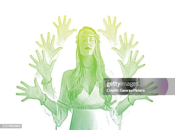ilustraciones, imágenes clip art, dibujos animados e iconos de stock de múltiples exposición vector de una mujer joven bohemio meditando - multiple exposure