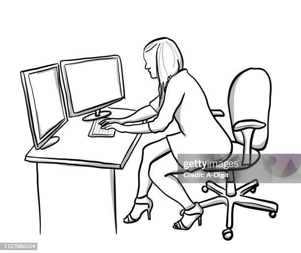 under stress at work - typing email stock illustrations