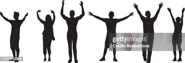 illustrations, cliparts, dessins animés et icônes de gens avec bras soulevé silhouettes - jeune homme