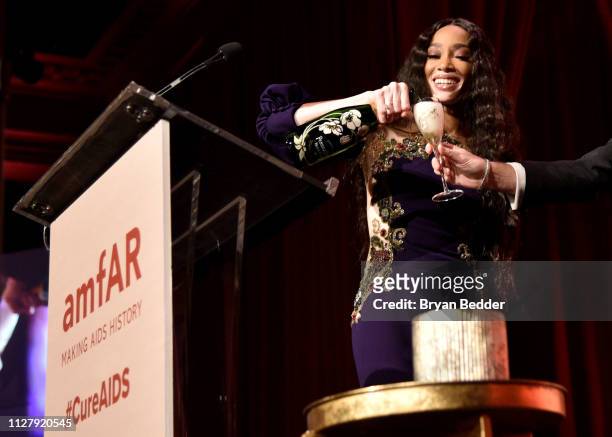 Winnie Harlow speaks onstage during the amfAR Gala New York 2019 at Cipriani Wall Street on February 06, 2019 in New York City.