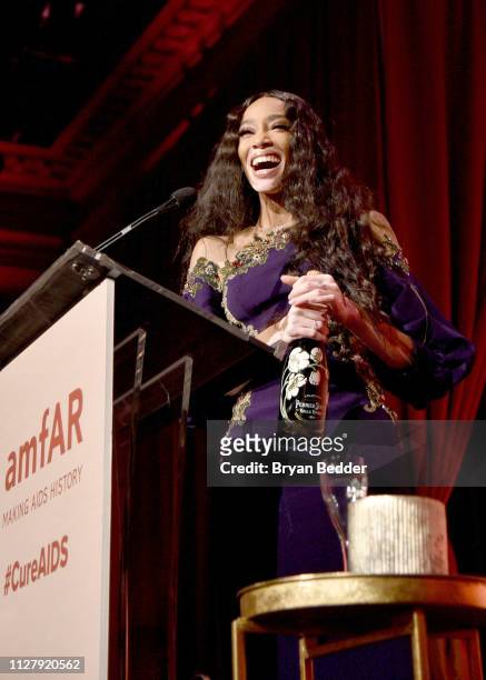 Winnie Harlow speaks onstage during the amfAR Gala New York 2019 at Cipriani Wall Street on February 06, 2019 in New York City.