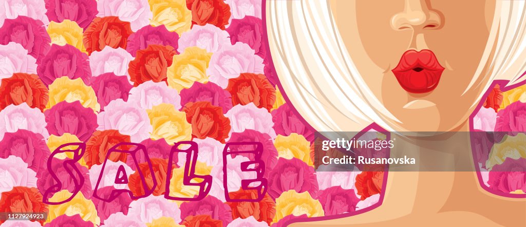 Spring Sale. Beautiful Girl on Roses Background.
