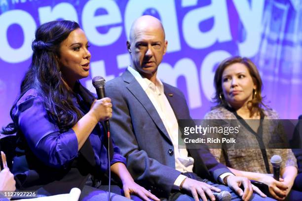 Executive producers Gloria Calderon Kellett, Mike Royce and Justina Machado speak onstage during the "One Day at a Time: Season Three" Screening and...