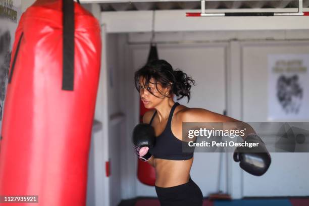 a young woman training for combat sports. - womens boxing stock pictures, royalty-free photos & images