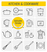 The kitchenware and cookware outline vector icon set.