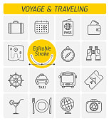The traveling and voyage outline vector icon set.