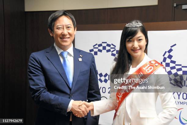 Japan Sports Agency Commissioner Daichi Suzuki shakes hands with Ms. Nippon winner Aiko Watarai on February 6, 2019 in Tokyo, Japan.