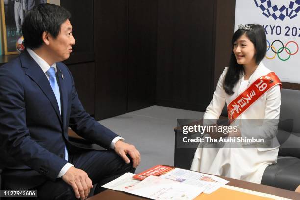 Japan Sports Agency Commissioner Daichi Suzuki talks with Ms. Nippon winner Aiko Watarai on February 6, 2019 in Tokyo, Japan.