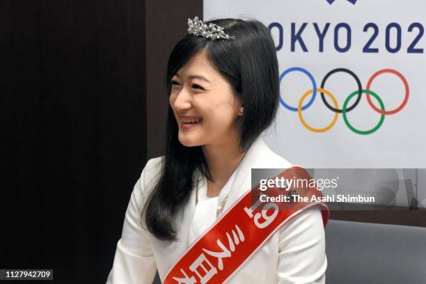 Ms. Nippon winner Aiko Watarai talks with Japan Sports Agency Commissioner Daichi Suzuki on February 6, 2019 in Tokyo, Japan.