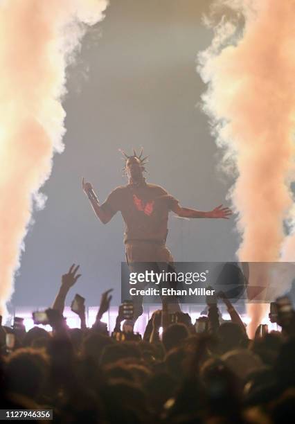 Recording artist Travis Scott performs during a stop of his Astroworld: Wish You Were Here tour at T-Mobile Arena on February 6, 2019 in Las Vegas,...