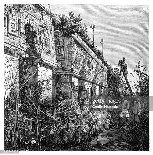 facade from the palace of the governor in uxmal - mayan ruins stock illustrations