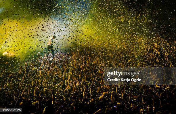 Tyler Joseph and Joshua Dun of Twenty One Pilots perform on stage during the Bandito tour at Resorts World Arena on February 27, 2019 in Birmingham,...